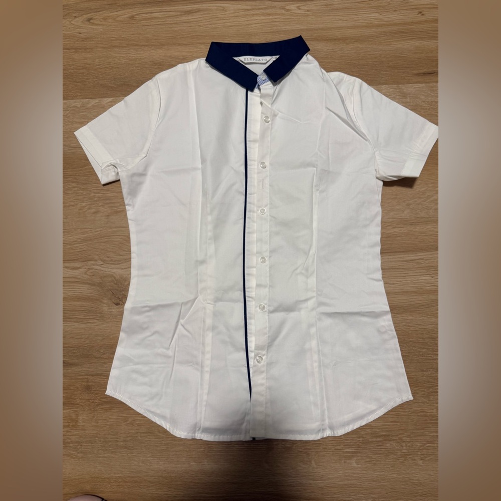 White Short Sleeve Button-Up Shirt with Navy Trim